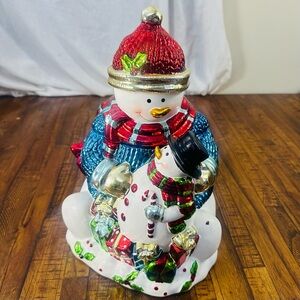 Vintage Christmas Snowman Cookie Jar Holiday Shiny‎ Bright Metallic Collectible